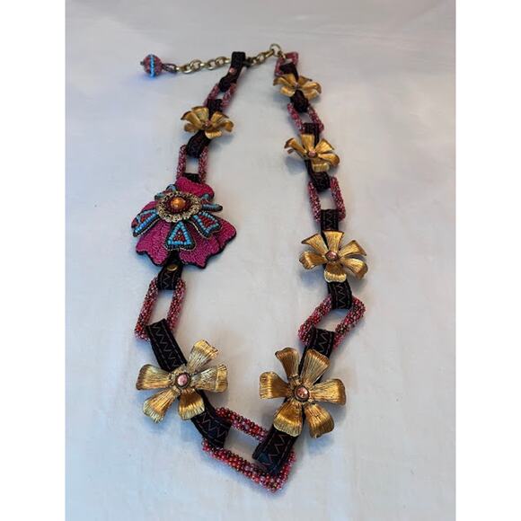Mary Frances Belt Necklace Boho Beaded Flowers Adjustable Link Vintage 90s - Picture 7 of 8